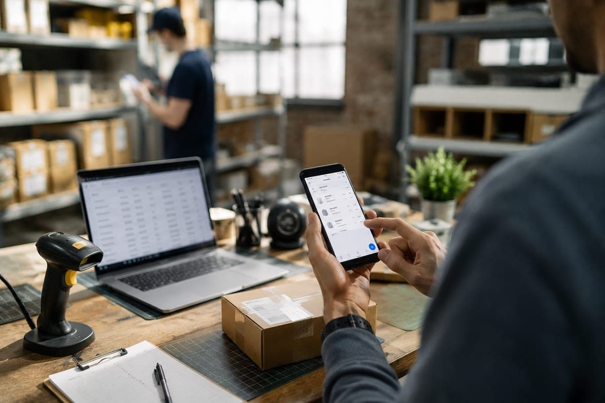 Best inventory management app comparison showing 11 apps for iOS and Android on smartphone screens