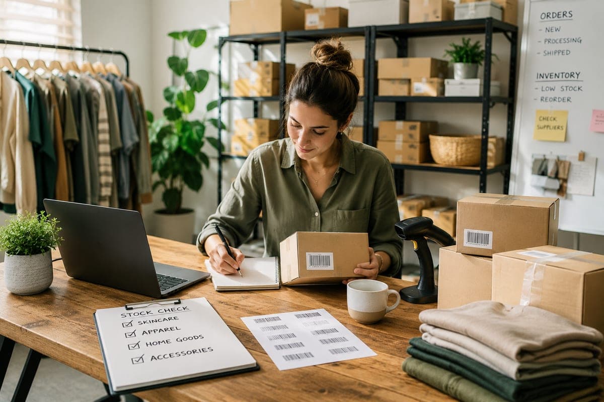 Inventory tracking system for small business dashboard on laptop and mobile with stock counts and reorder alerts