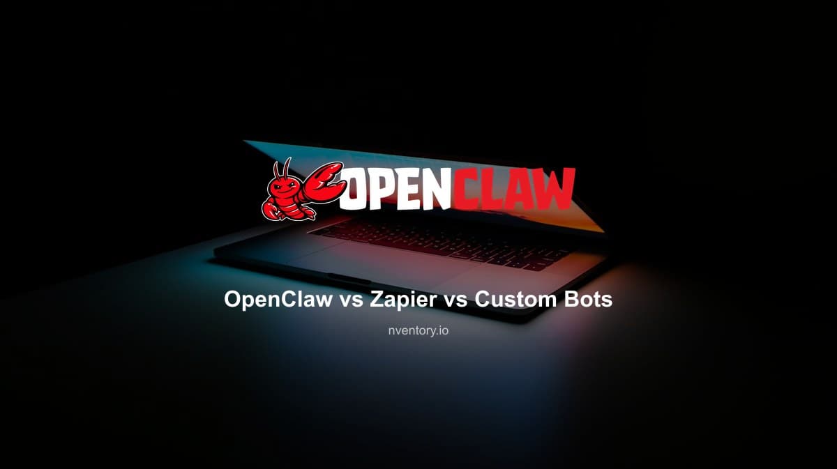 Side-by-side comparison of OpenClaw AI agent, Zapier workflow automation, and custom bot architecture for ecommerce operations