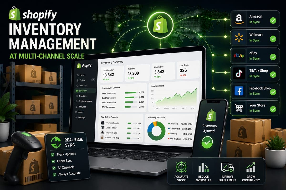 Shopify inventory management dashboard showing multi-channel sync with marketplaces and other platforms