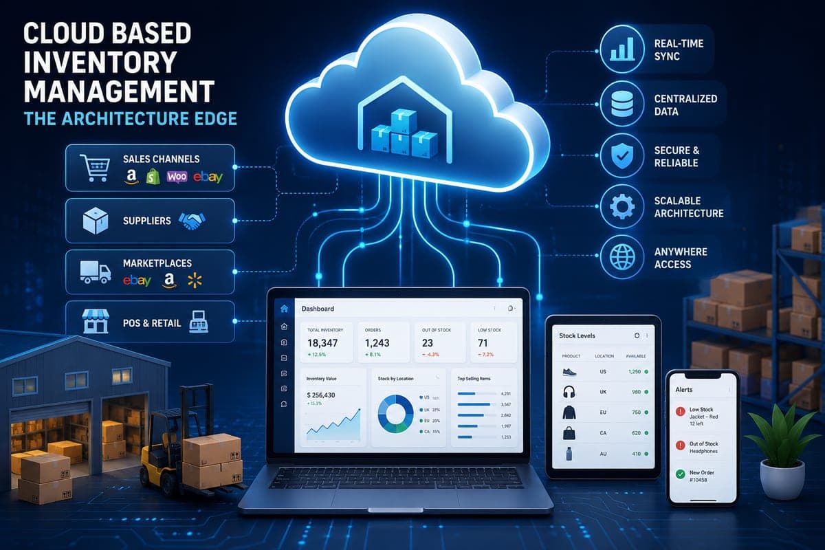 Cloud based inventory management architecture showing the structural advantages over local-only systems