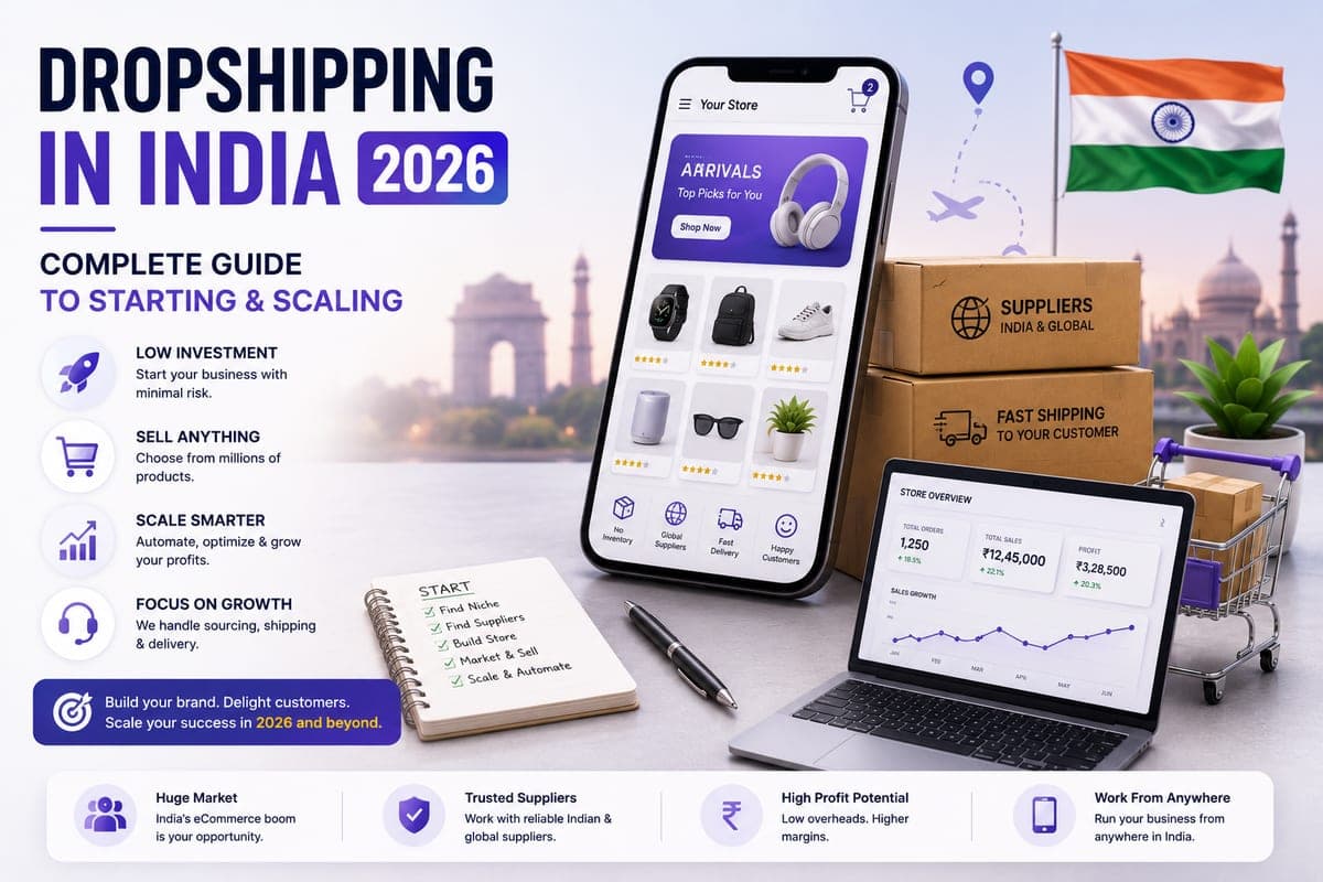 Dropshipping in India entrepreneur managing online orders on laptop with packed parcels