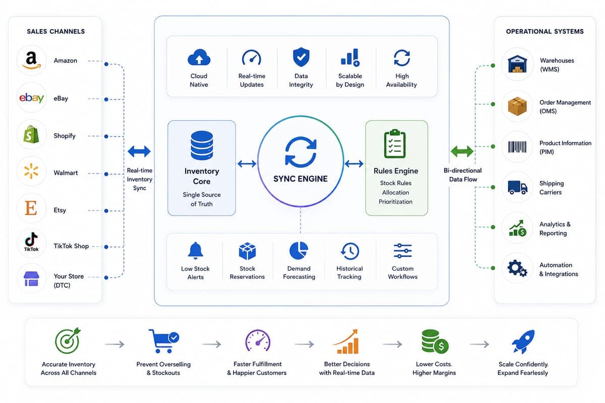 Multichannel inventory sync architecture diagram showing real-time coordination across sales channels