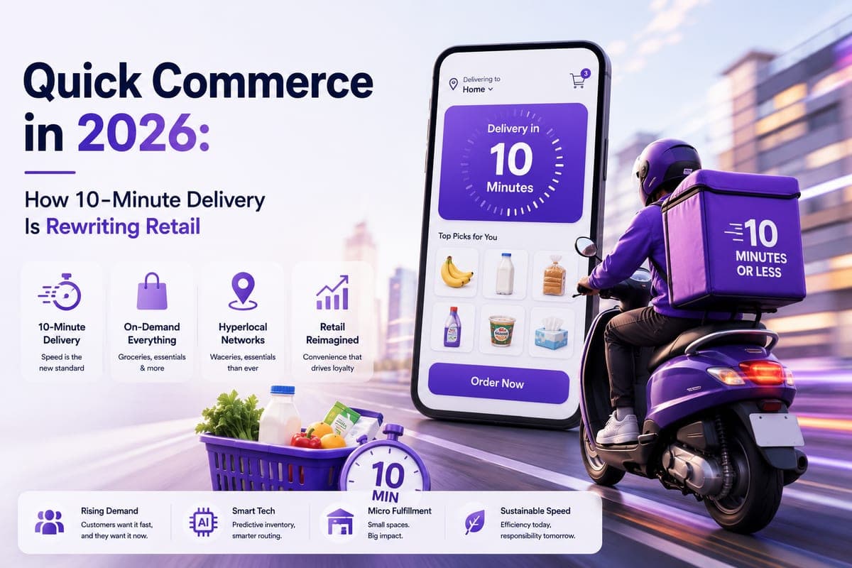 Quick commerce dark store with delivery rider preparing 10 minute orders