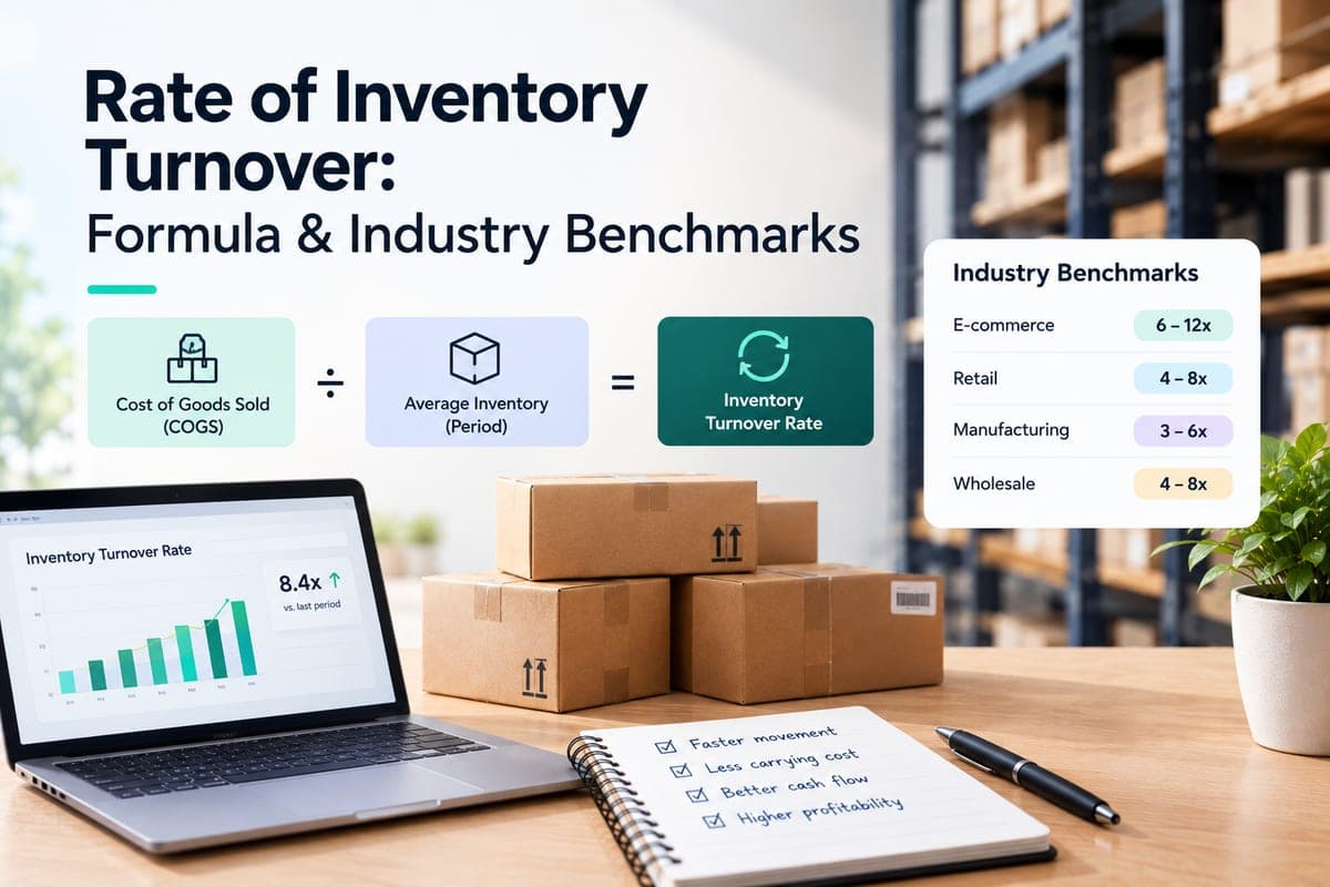 Inventory turnover formula showing cost of goods sold divided by average inventory, beside a dashboard chart and industry benchmark ranges